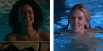 Imagine you hear some splashes outside late in the night. You check and find your neighbors Nathalie Emmanuel and Scarlett Johansson drunk and skinny-dipping in your pool. Obviously both offer whatever you want so you not tell anyone. What will they be in for?