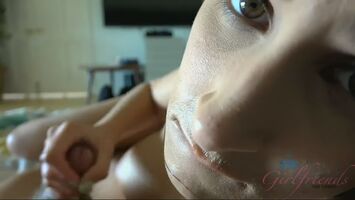 Stare into Ashley's eyes while she drains the cock onto her perfect tits
