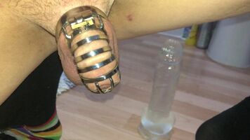 Quick warm up before double dildo training. Training to take 2 cock at the same time. Caged of course tho