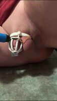 Sissy cums 10 times in chastity and hands free while riding a big dildo